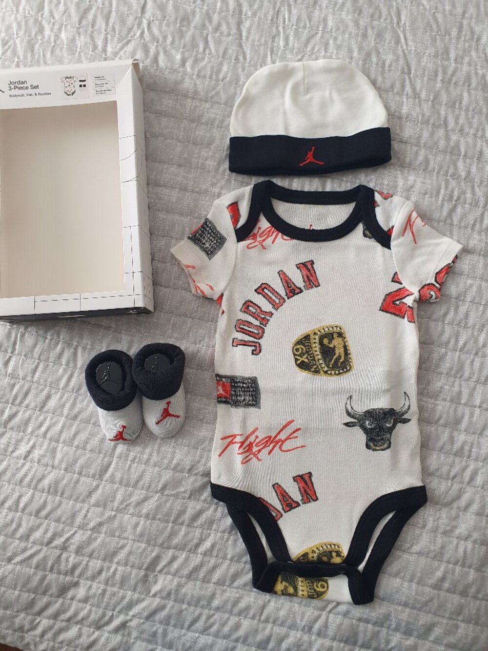NWT Jordan Baby 3- Piece Set, 0-6 Months, Bodysuit, Hat and Booties